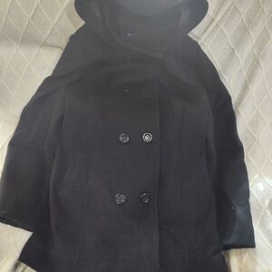 Women's Black Hooded Peacoat, Hood Detachable